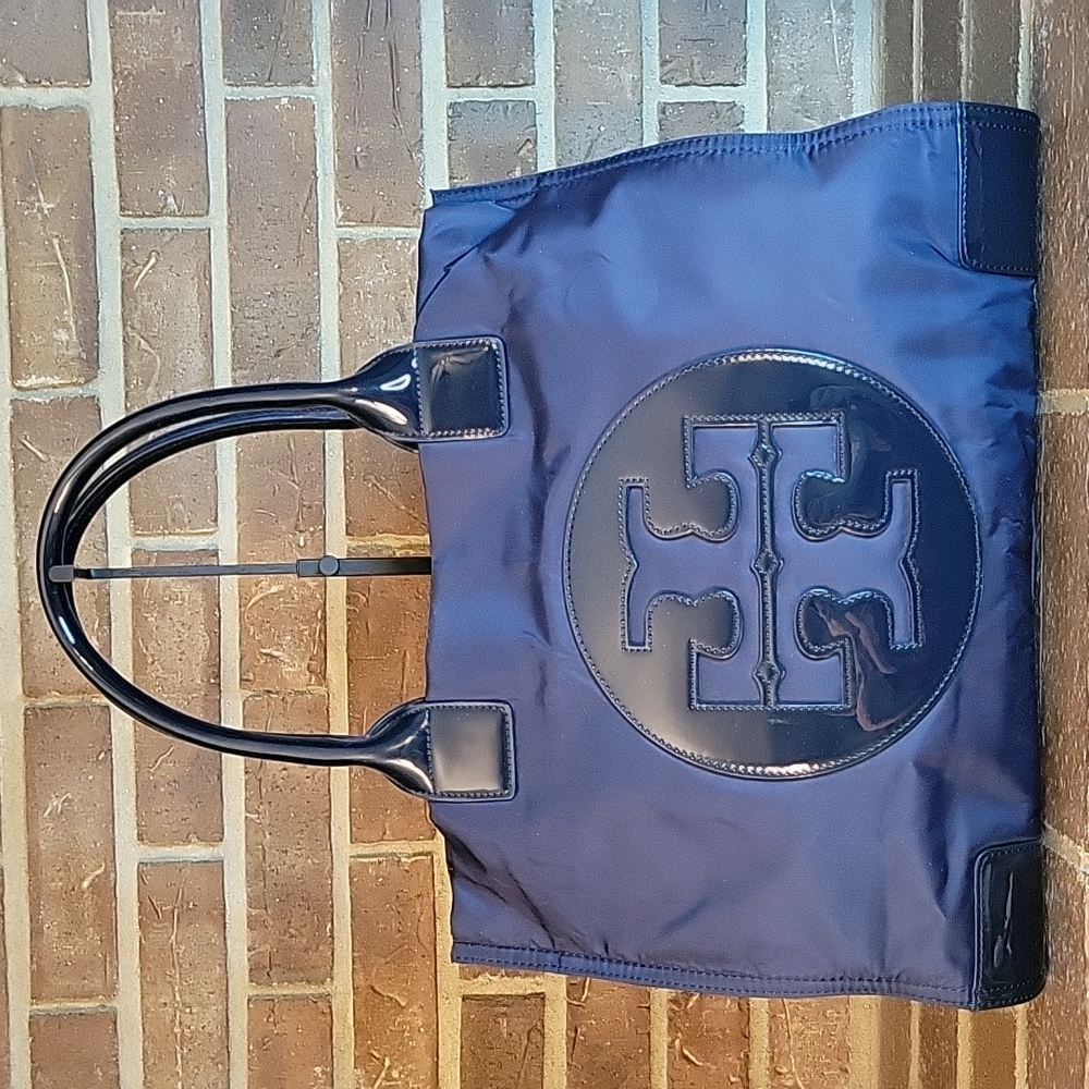 (1213) BEAUTIFUL TORY BURCH Ella Large Tote Navy Blue/Black